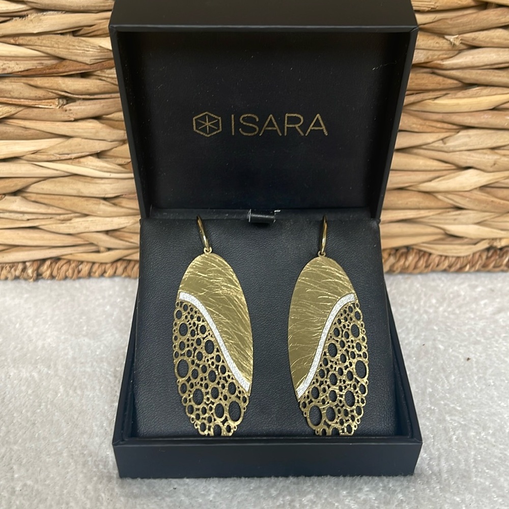 ISARA Earrings Gold Plated 3 1/4” Long Oval Shape Pattern Silver Laser Detail